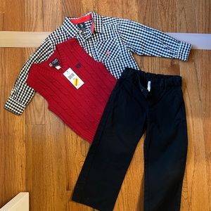 Adorable outfit w sweater vest, shirt and pants